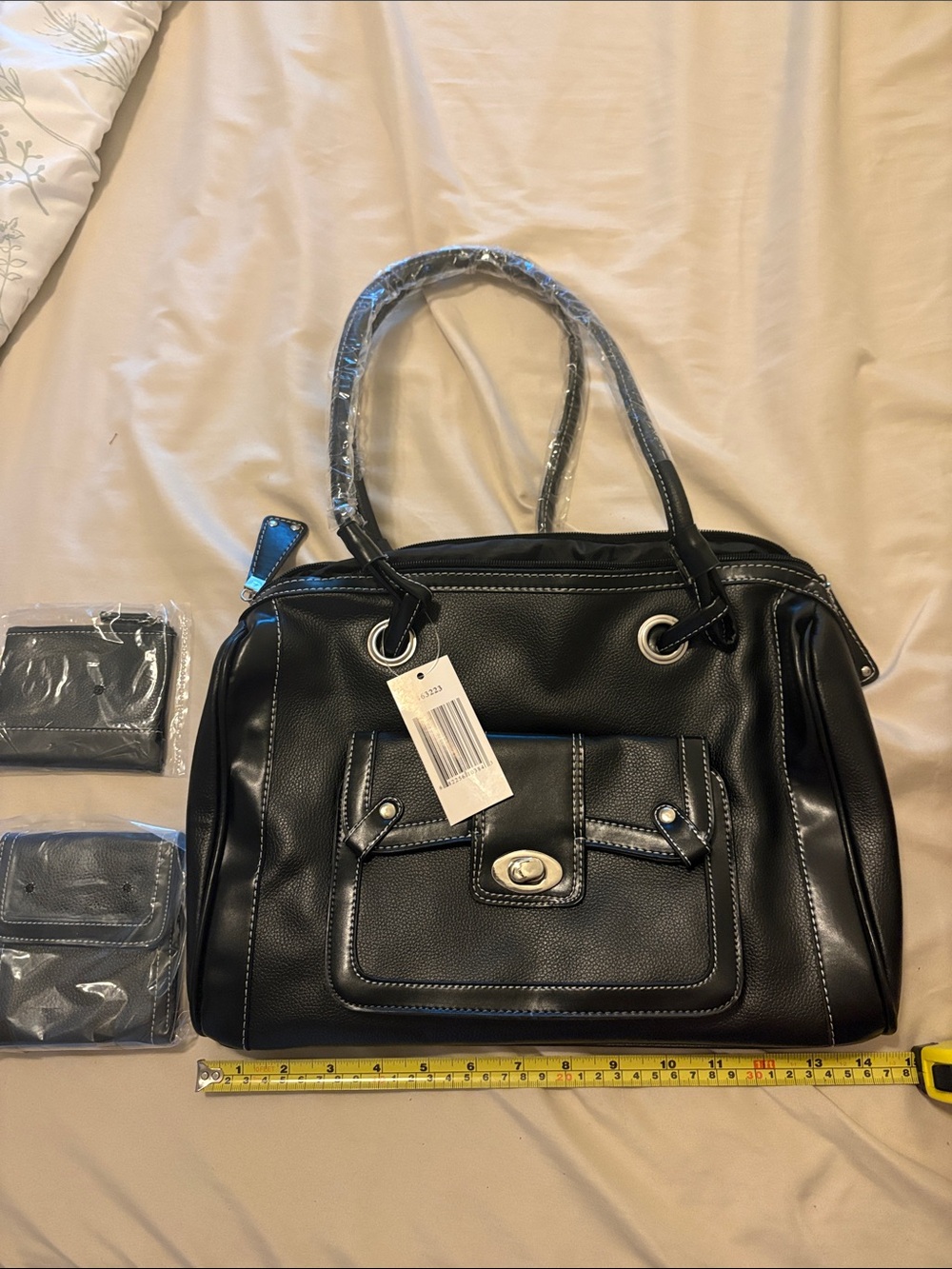 Classic Black Tote Handbag with Front Pocket- with two small additional bags